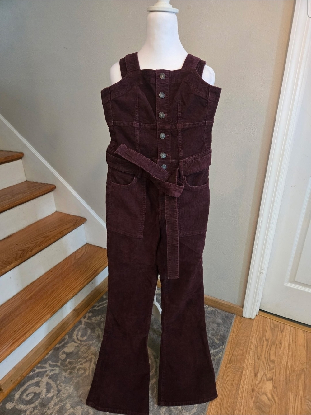 American Eagle Corduroy Plum Button-Front Tie-Waist Flare Jumpsuit Size Womens 2